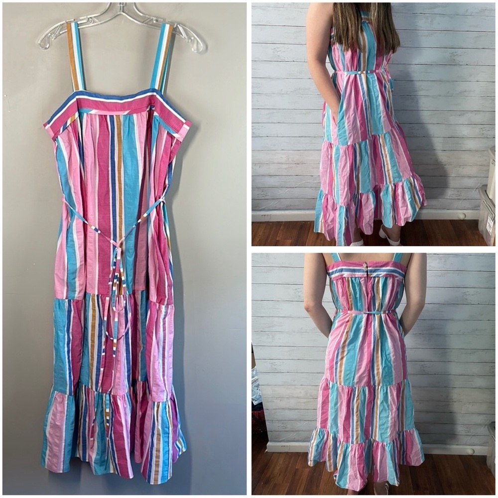 Lemlem Striped Jima Sweepy Banu Midi Summer Aqua Pink Blue Dress Size Medium